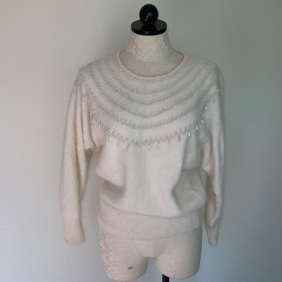 Big Star Womens Angora Sweater White Size Small Vintage Dolman Sleeve Pearls - Picture 16 of 16